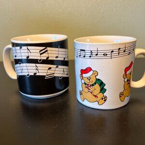 Lot of 2 Vtg Musical Notes & Teddy Bear Ceramic Mugs ~ Plays It’s a Small World